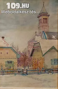 Kádár Géza (1878-1952): Templom torony házakkal 1916.
