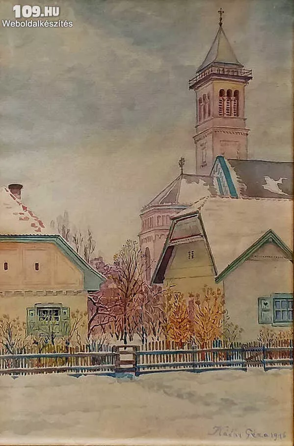 Kádár Géza (1878-1952): Templom torony házakkal 1916.